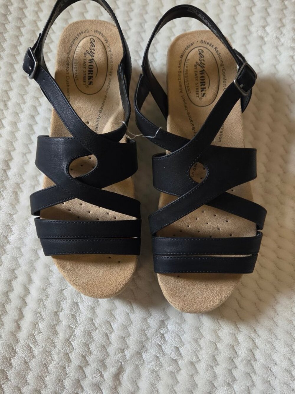 NWOB Easy Works by Easy Street Black Strappy Wedge Sandals 9.5 W